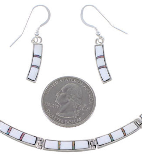 Silver Opal And White Inlay Link Necklace And Earrings Set FX26437
